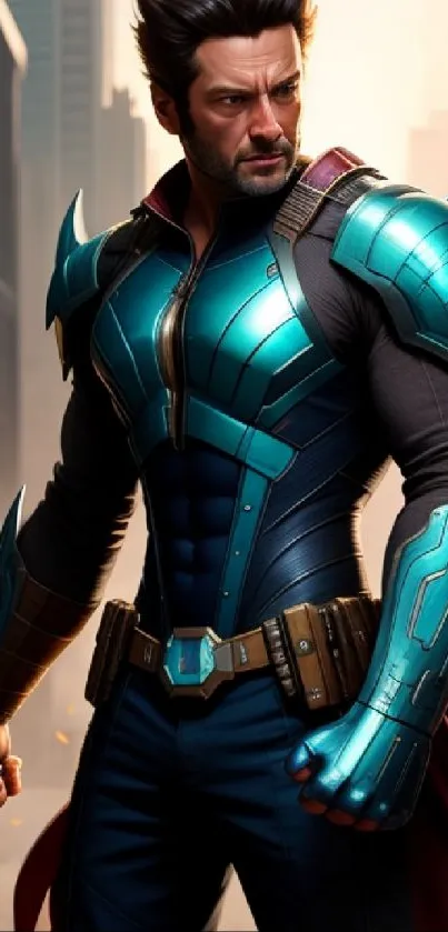 Futuristic warrior in vibrant teal armor posing in urban setting.