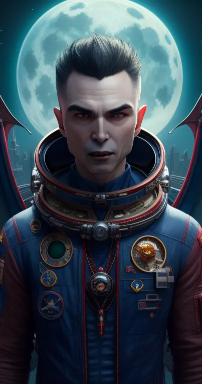 Vampire astronaut with wings under full moon in futuristic art style.