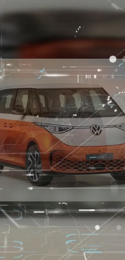 Futuristic orange and white van with tech design.