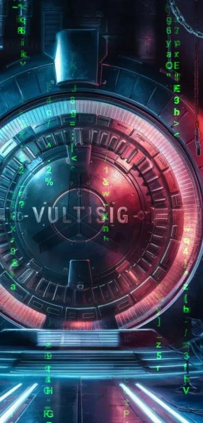 Futuristic vault door with neon lights and digital codes.