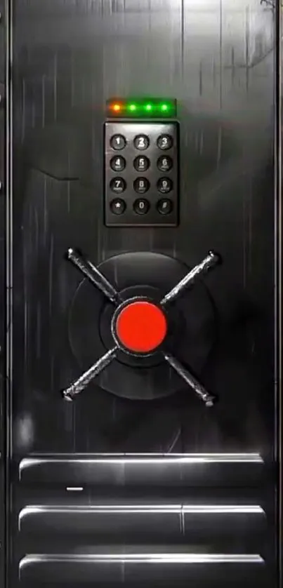 Futuristic vault door with digital keypad.