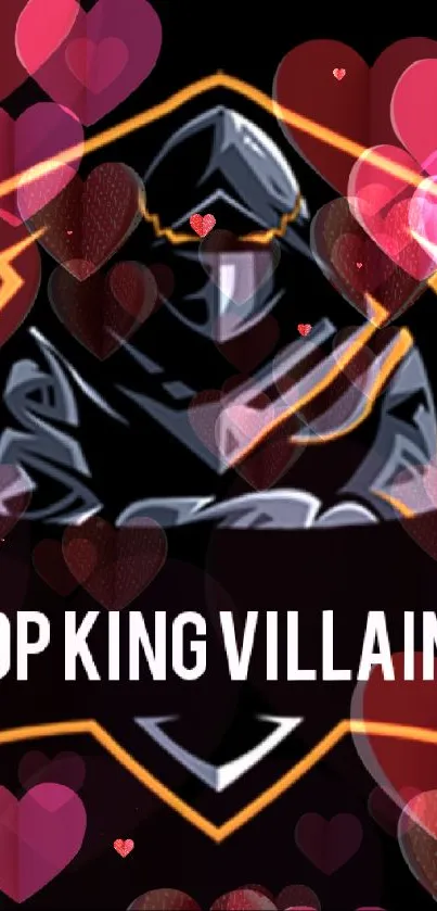 Futuristic villain with heart overlays on wallpaper.