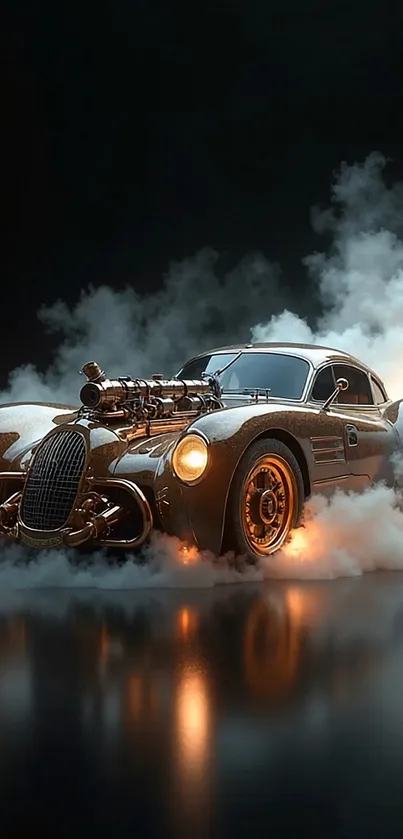 Futuristic vintage car in smoke with warm lights on a dark background mobile wallpaper.