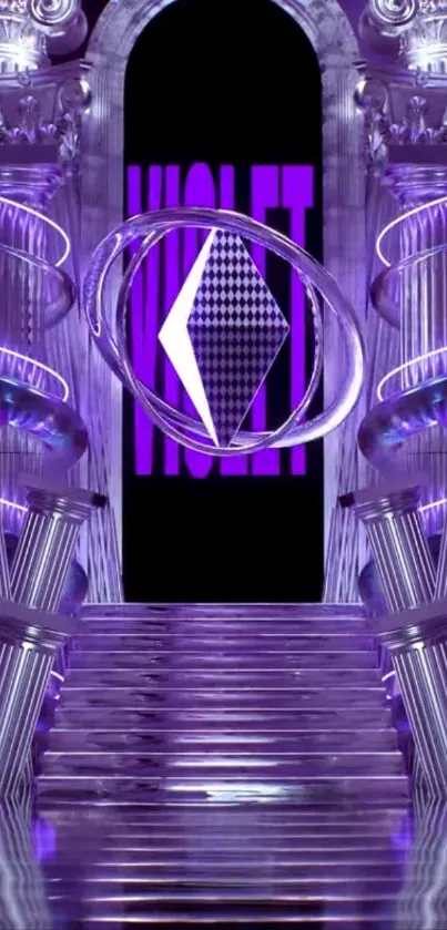 Futuristic violet corridor with geometric design.