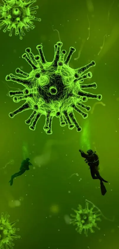 Divers exploring a glowing virus themed underwater scene.