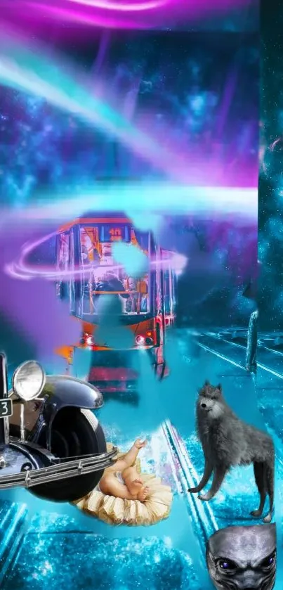 Surreal futuristic fantasy wallpaper with wolves and a classic car in a vibrant galaxy.