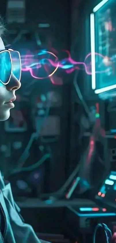 Woman using VR in futuristic setting