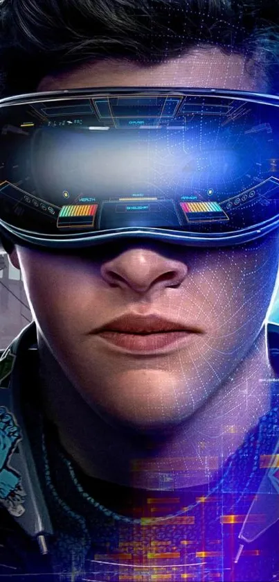 Futuristic gamer with VR goggles in vibrant digital art.