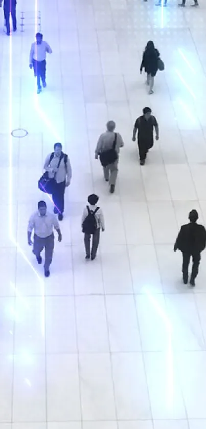 Futuristic walkway with glowing blue lights and people walking.