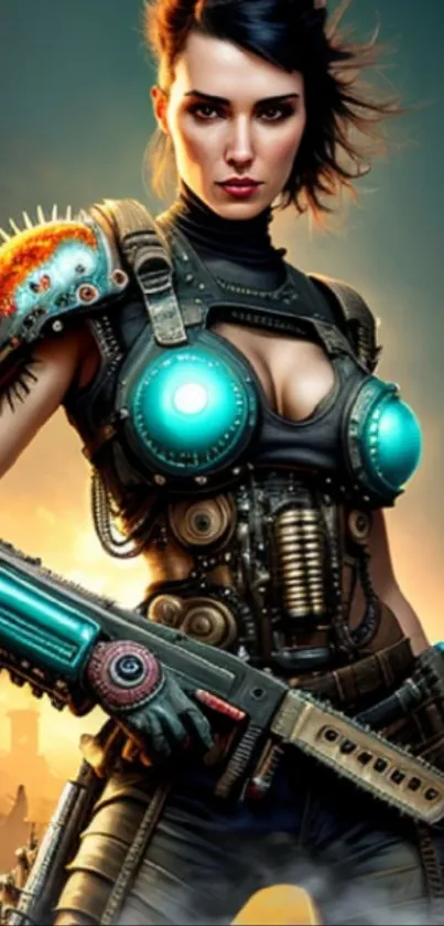 Futuristic female android with glowing armor in sci-fi setting.