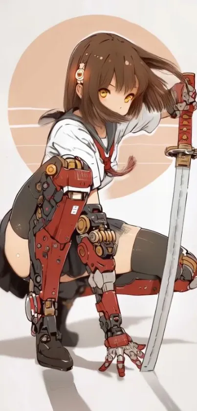 Anime character with cybernetic arm and sword in a dynamic pose.
