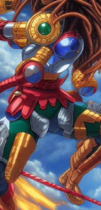 Anime warrior with futuristic armor in a vibrant sky background.