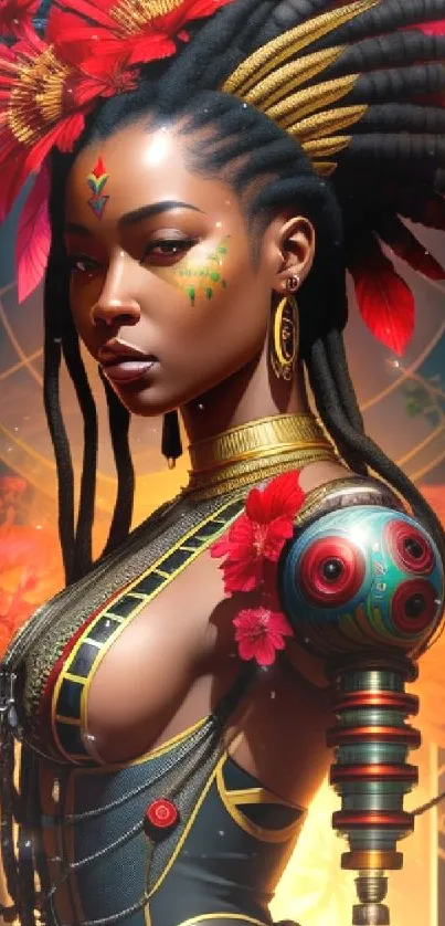 Futuristic warrior portrait with vibrant red accents and intricate details.