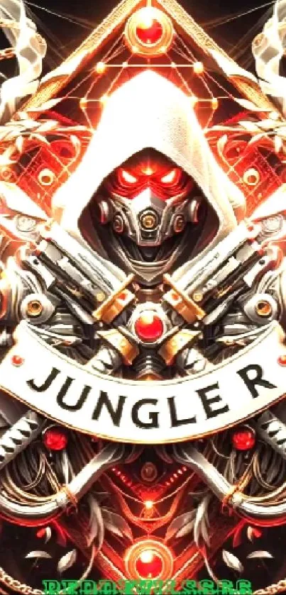 Futuristic warrior art with red highlights and complex robotic design.