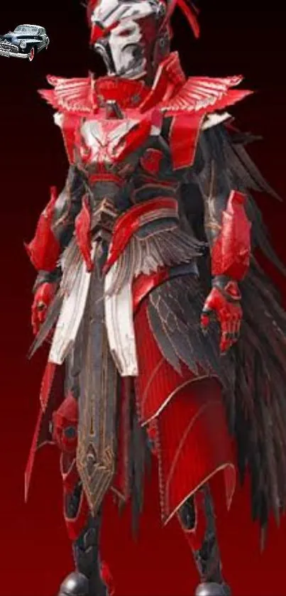 Futuristic warrior in red armor on a dark gradient background.