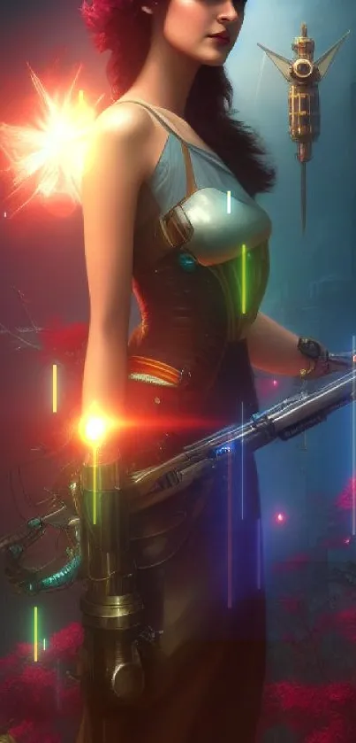 Futuristic heroine holding weapon in a vibrant cityscape with red glow.
