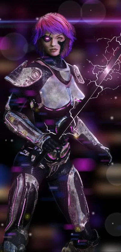 Cyber warrior with energy sword in neon lighting.