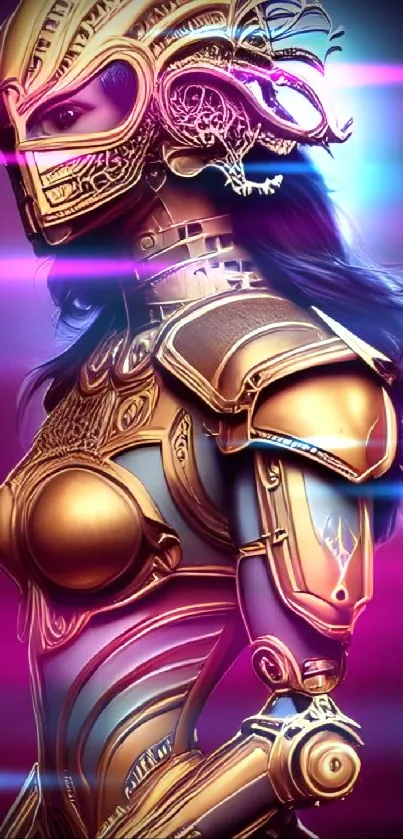 Futuristic warrior wearing detailed armor in vibrant purple light.