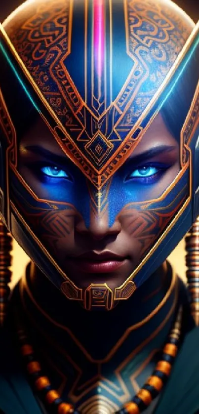 Futuristic warrior with glowing blue eyes in intricate armor, digital art wallpaper.