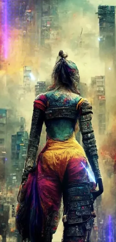 Futuristic warrior standing in colorful, smoky urban environment.