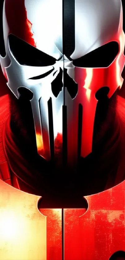 Futuristic warrior in red and metallic armor mobile wallpaper.