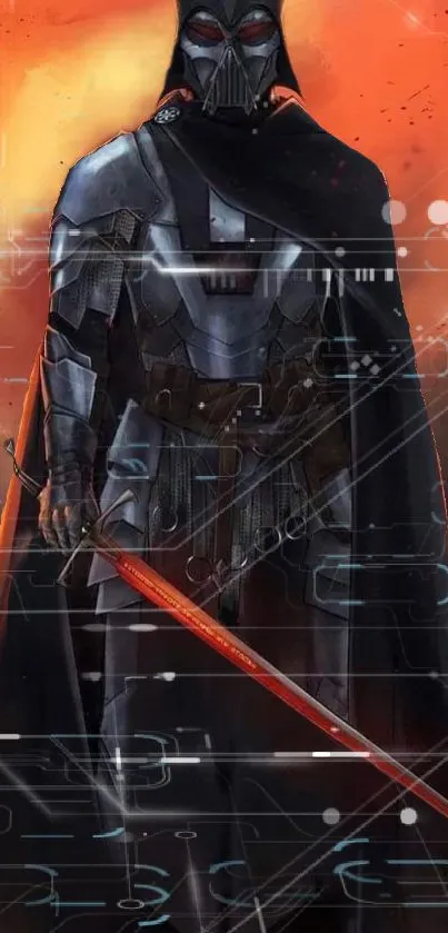 Futuristic warrior in armor with a glowing blade against an orange backdrop.