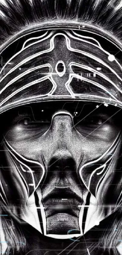 Futuristic warrior with intricate helmet design in a monochrome illustration.