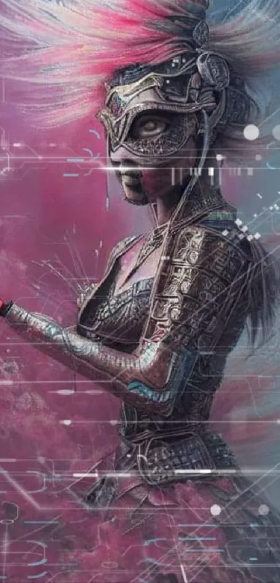 Futuristic warrior in detailed armor with vibrant pink background art.