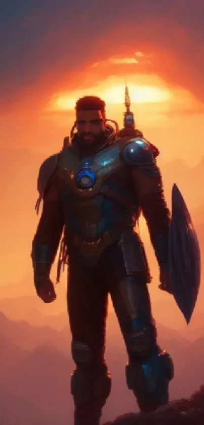 Futuristic warrior in armor against a vibrant sunset.