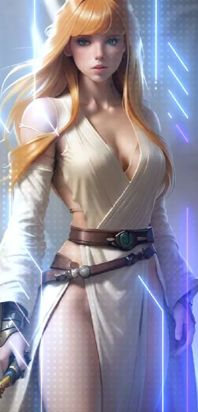 Blonde female warrior with lightsaber in futuristic setting.