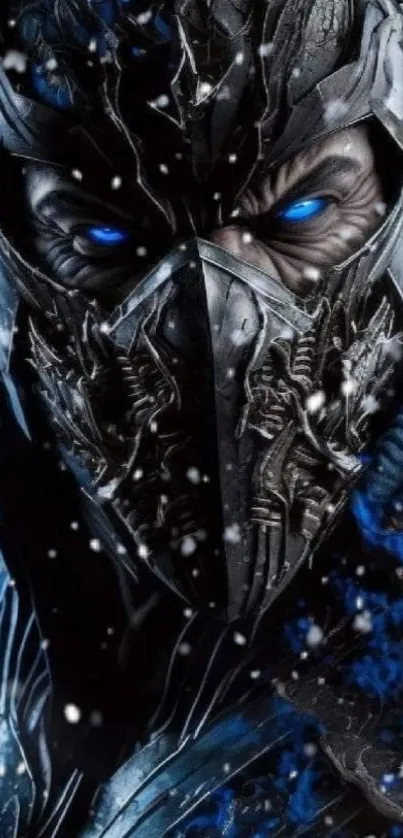 Futuristic warrior with icy blue eyes and intricate armor design wallpaper.