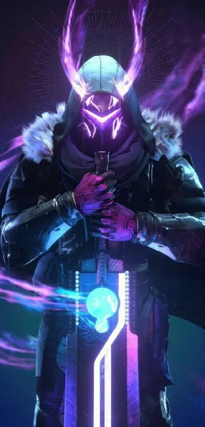 Futuristic warrior holding sword with neon purple glow.