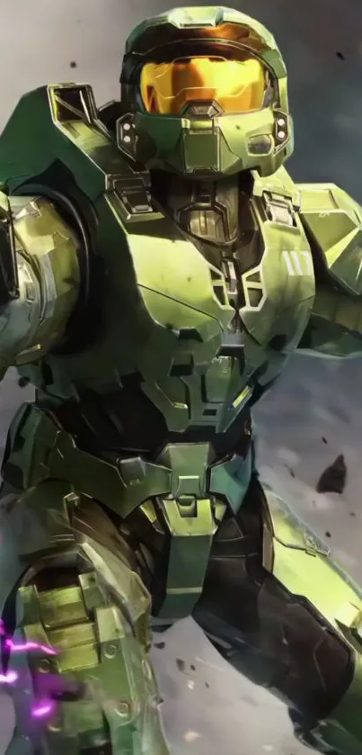 Futuristic armored warrior in action pose with vibrant green armor.