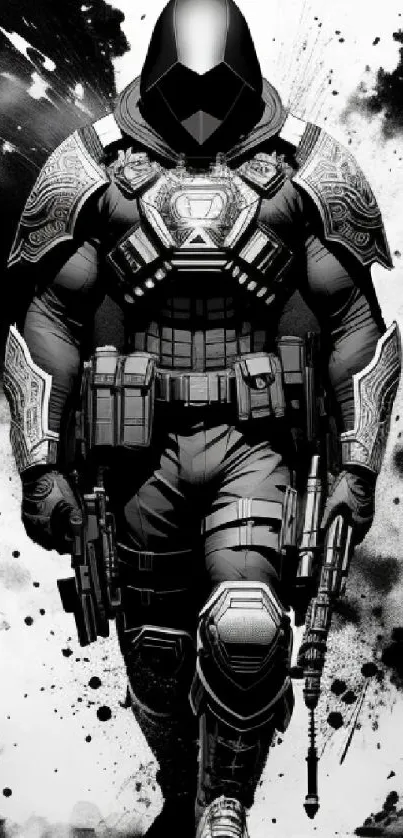 Black and white futuristic warrior in armor walking.