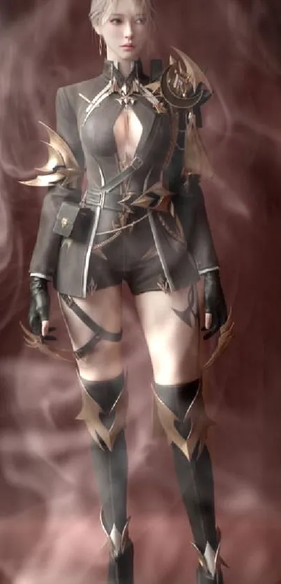 Futuristic character in detailed armor on a dark maroon background.