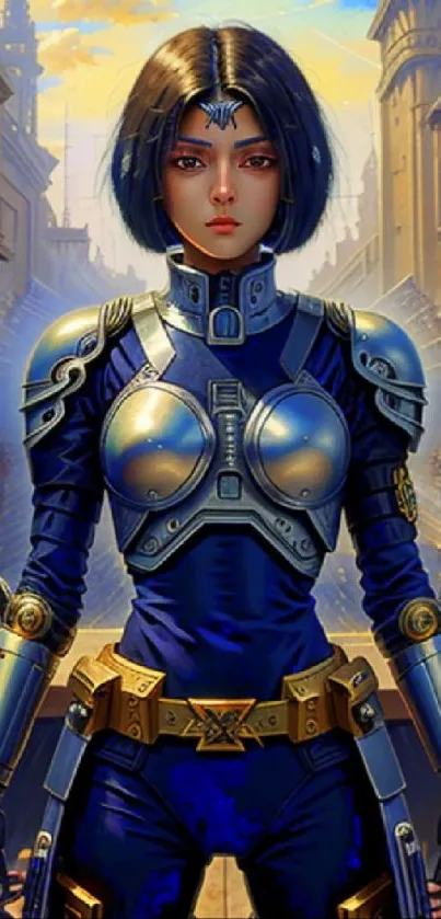 A futuristic armored warrior in a vibrant cityscape.