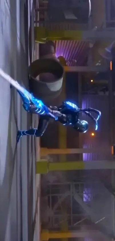 Futuristic warrior with neon effects in a high-tech action scene.