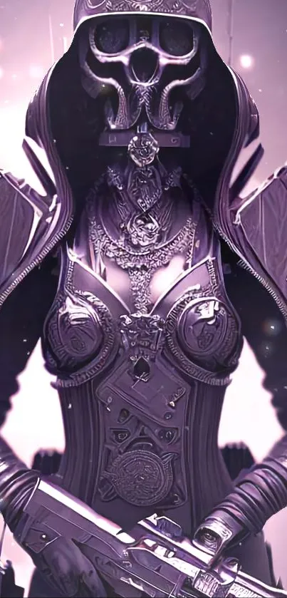 Futuristic warrior design with detailed armor in purple hues.