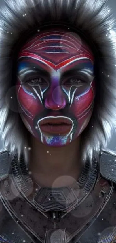 Futuristic warrior with vibrant face paint in detailed metallic armor.