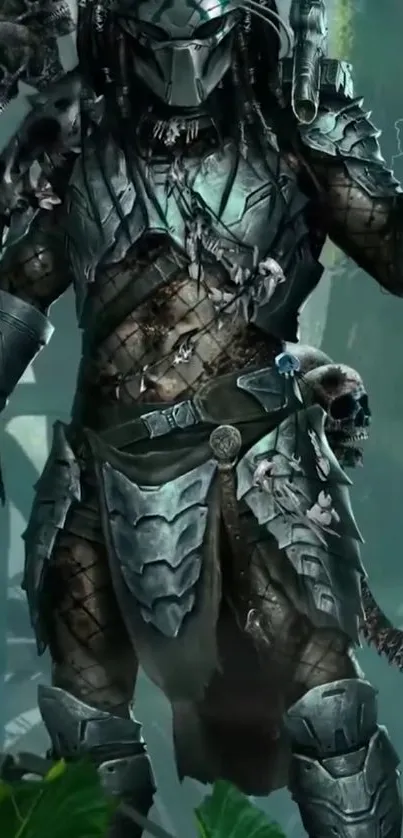 Futuristic warrior in forest with armor.