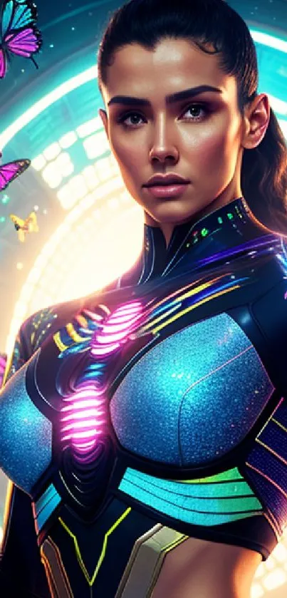 Futuristic warrior with neon butterflies in a cosmic galaxy setting.