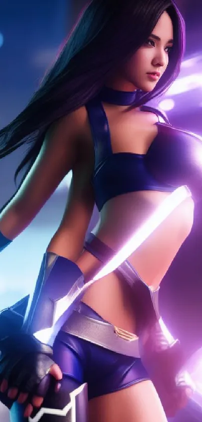 Futuristic warrior girl with glowing swords in vibrant neon style.