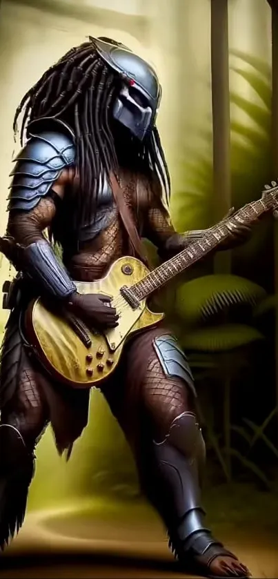 Futuristic warrior with guitar in a jungle-themed background.