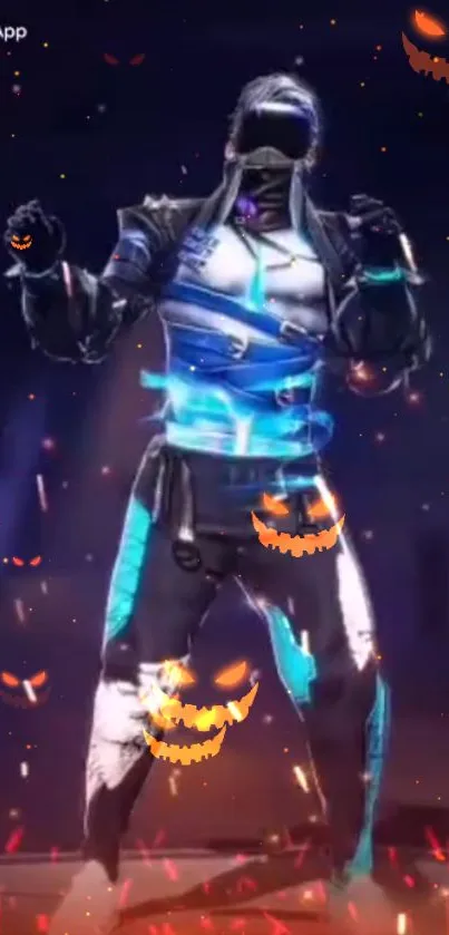 Futuristic warrior with glowing lights and Halloween pumpkins, dynamic mobile wallpaper.