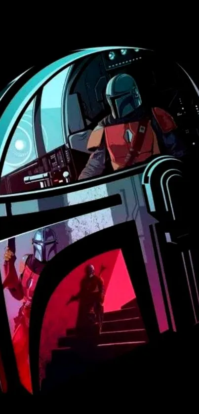 Futuristic warrior helmet with colorful scenes inside.