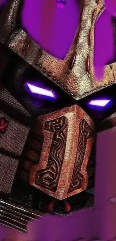 Futuristic warrior helmet with glowing purple accents.