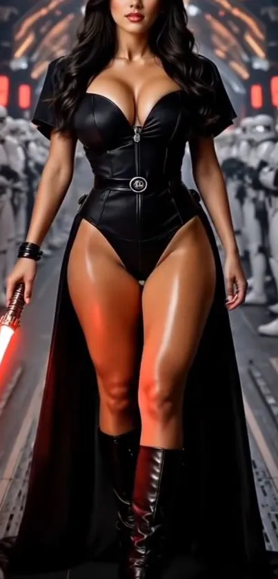 Futuristic female warrior in dark armor