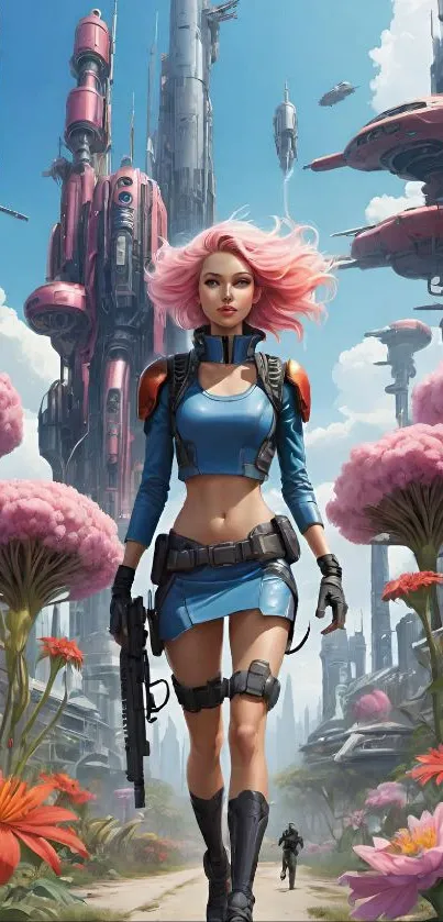 Futuristic warrior in a vibrant city with blooming flowers.