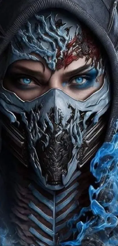 Futuristic warrior with blue flames and mask on a dark background.