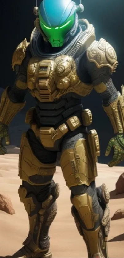 Futuristic warrior in golden armor standing in a moonlit desert.